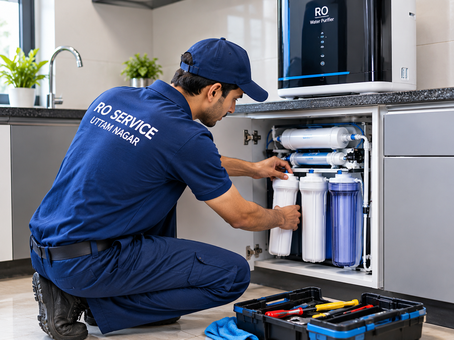 RO service technician repairing water pipework at a customer home in New Delhi