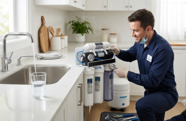 Technician repairing an RO water purifier under a kitchen sink