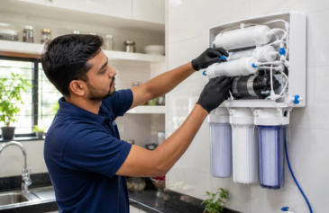 Clear filtered water running from a kitchen tap after an RO service